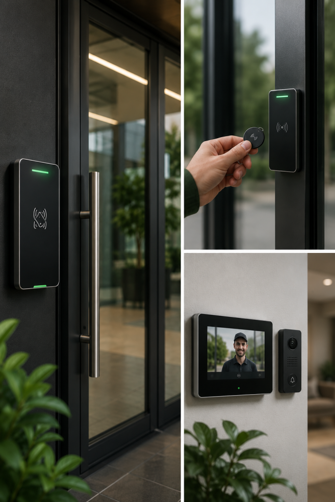 Illustration of a door access reader, a hand presenting a key fob and a video intercom screen