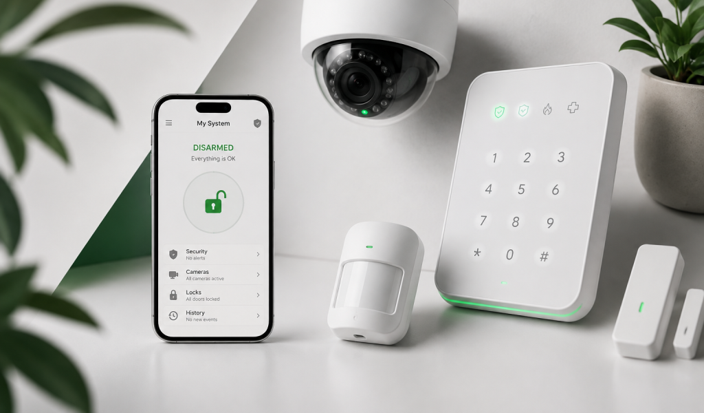 Illustration of an alarm keypad, motion sensor, security camera and smartphone control app