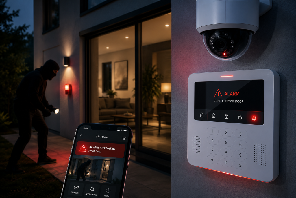 Illustration of a home security alarm, surveillance camera and smartphone alert during an attempted break-in