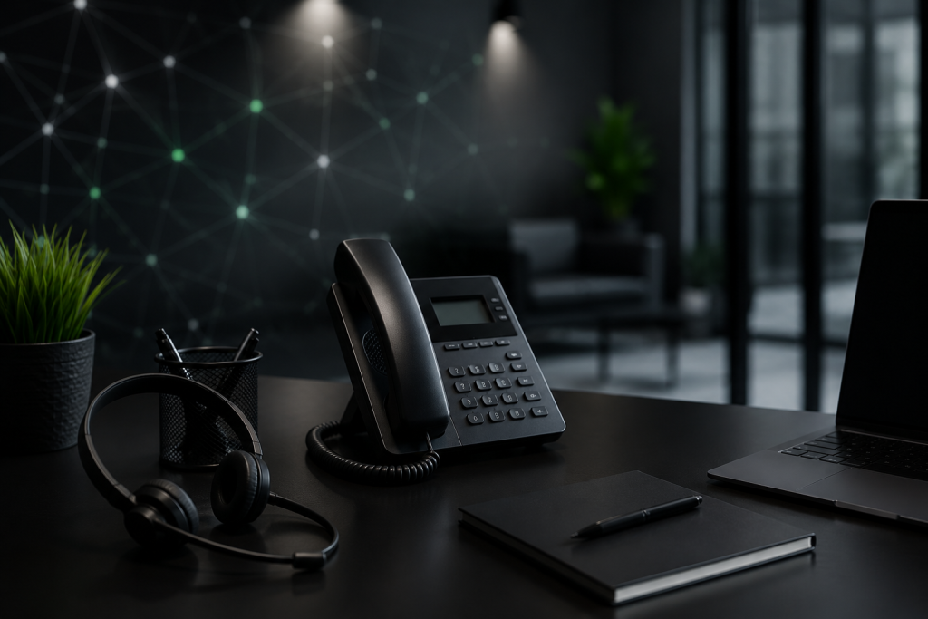 Illustration of an office desk with a telephone, headset, laptop and notebook