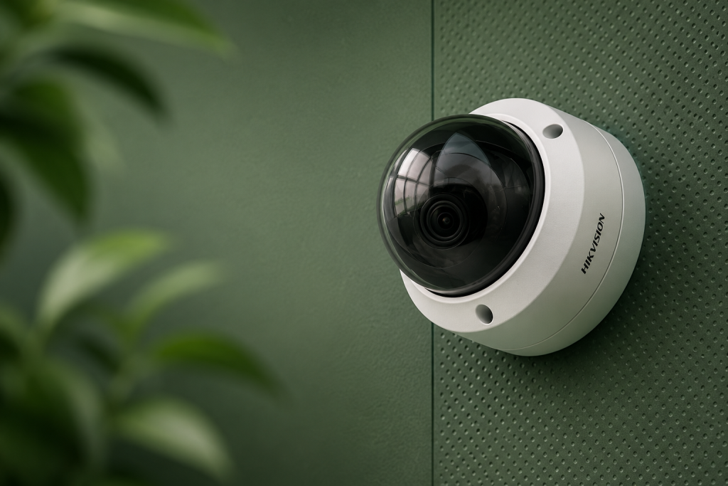 Illustration of a Hikvision dome surveillance camera mounted on a wall