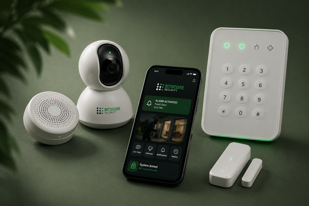 Illustration of an alarm keypad, security camera, door sensor, round detector and smartphone security app