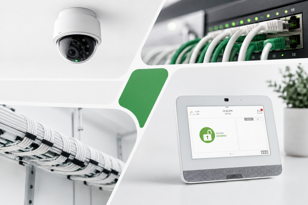 Illustration of a security camera, alarm touchscreen, network switch and structured cabling